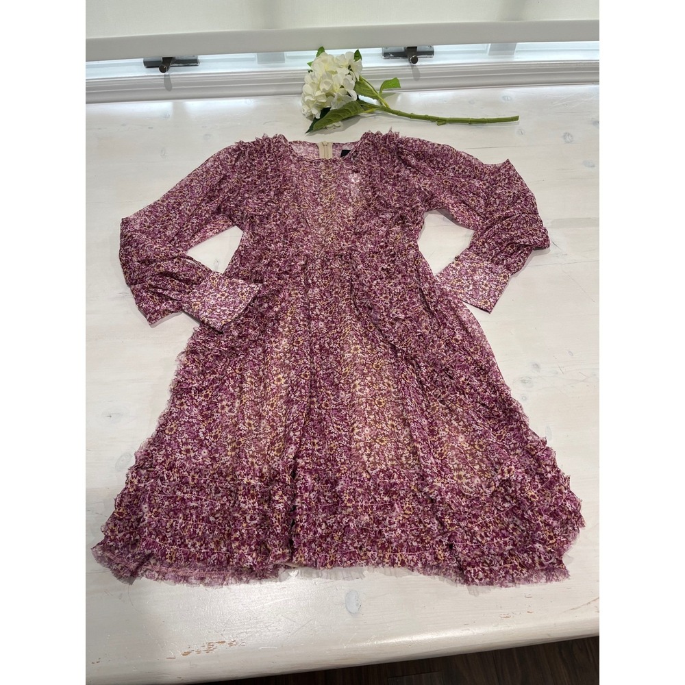 OPT XS Purple Floral Print Ruffle Long Sleeve Mini Dress‎ Bohemian